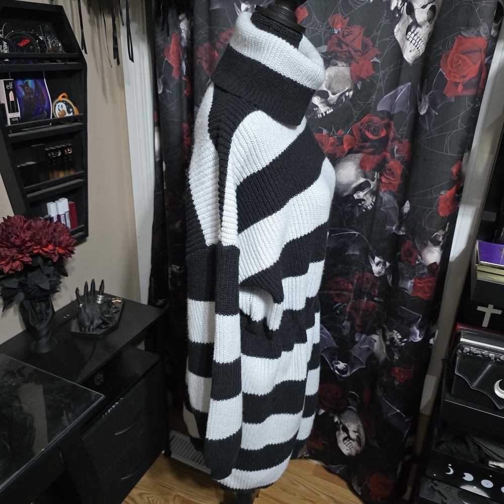 Striped Black and White Turtleneck Sweater Dress, XL - Picture 6 of 7